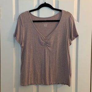 AEO Pink Striped V-Neck Short Sleeve